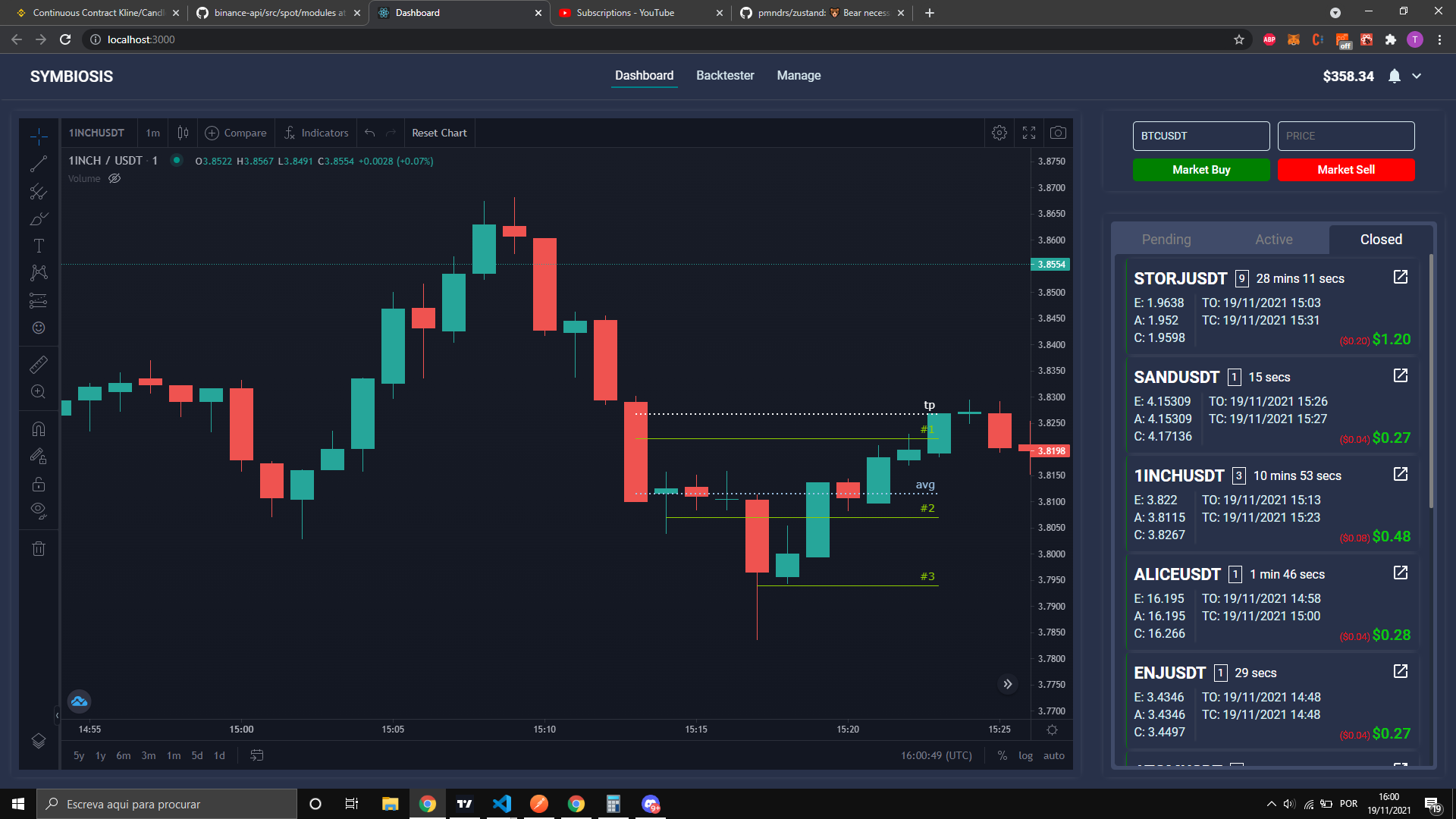 Symbiosis Trading Bot — trade execution view